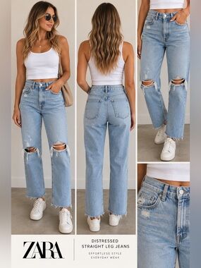 ZARA Light Wash Distressed Ripped Knee Straight Leg Jeans Size 6 / 38